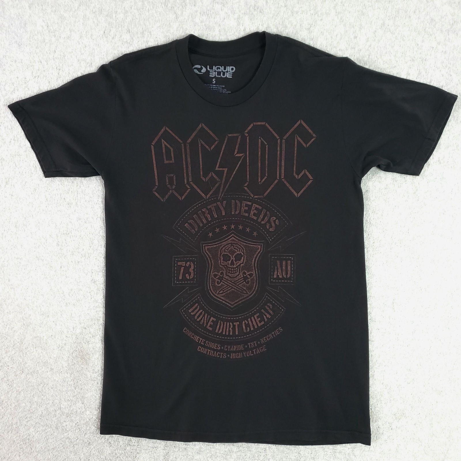 AC/DC Dirty Deeds T Shirt Mens Small Black Skull Graphic Rock Tee Liquid Blue