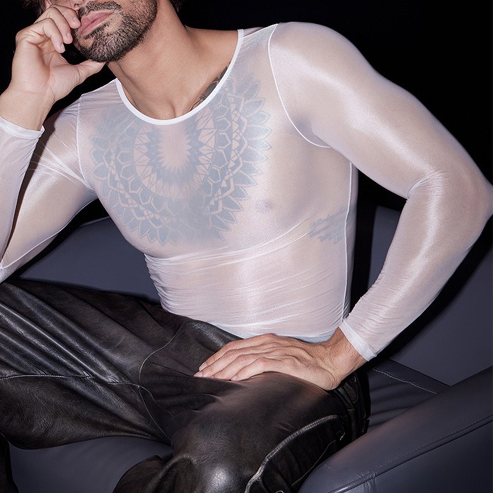 Men’s Oil Shiny See Through Long Sleeve Sheer Tights Top Sexy Lingerie Shirt