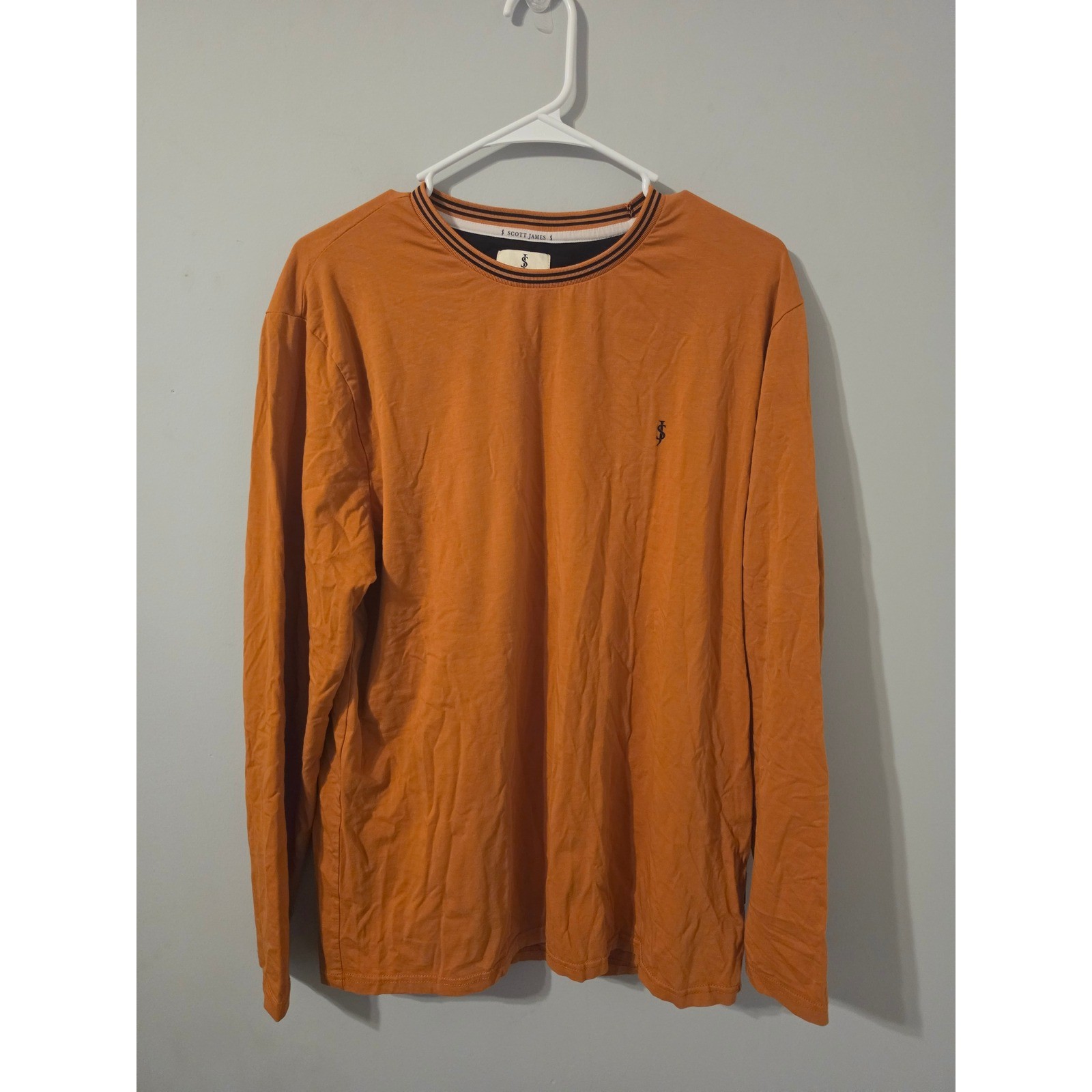 Scott James Mens XL Burnt Orange Long Sleeve T-Shirt Striped Crew Neck Cotton