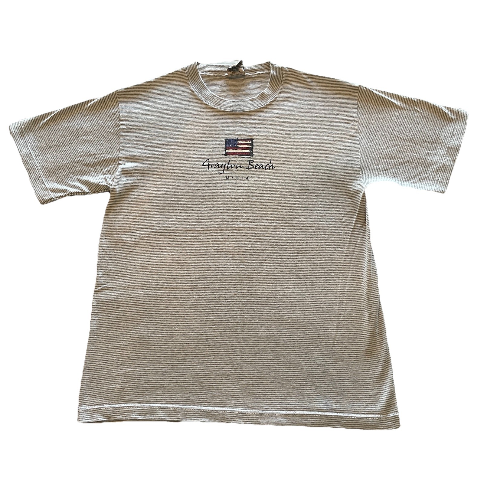 Vintage 90s Single Stitch T-Shirt Mens Small Gray Striped Grayton Beach USA Made