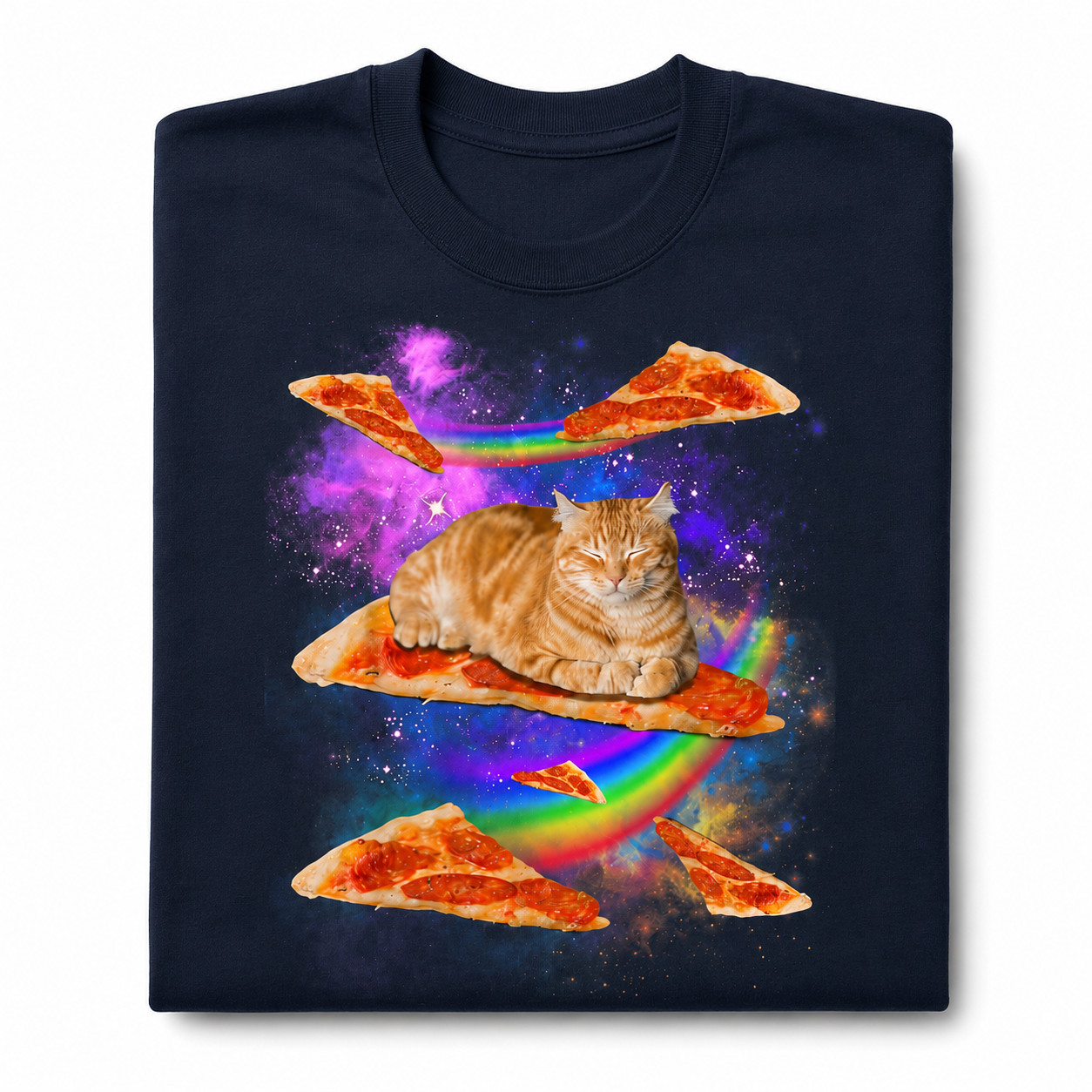 Funny Galaxy Cat Riding Pizza T-Shirt Space Rainbow Graphic Tee Men’s S-5XL