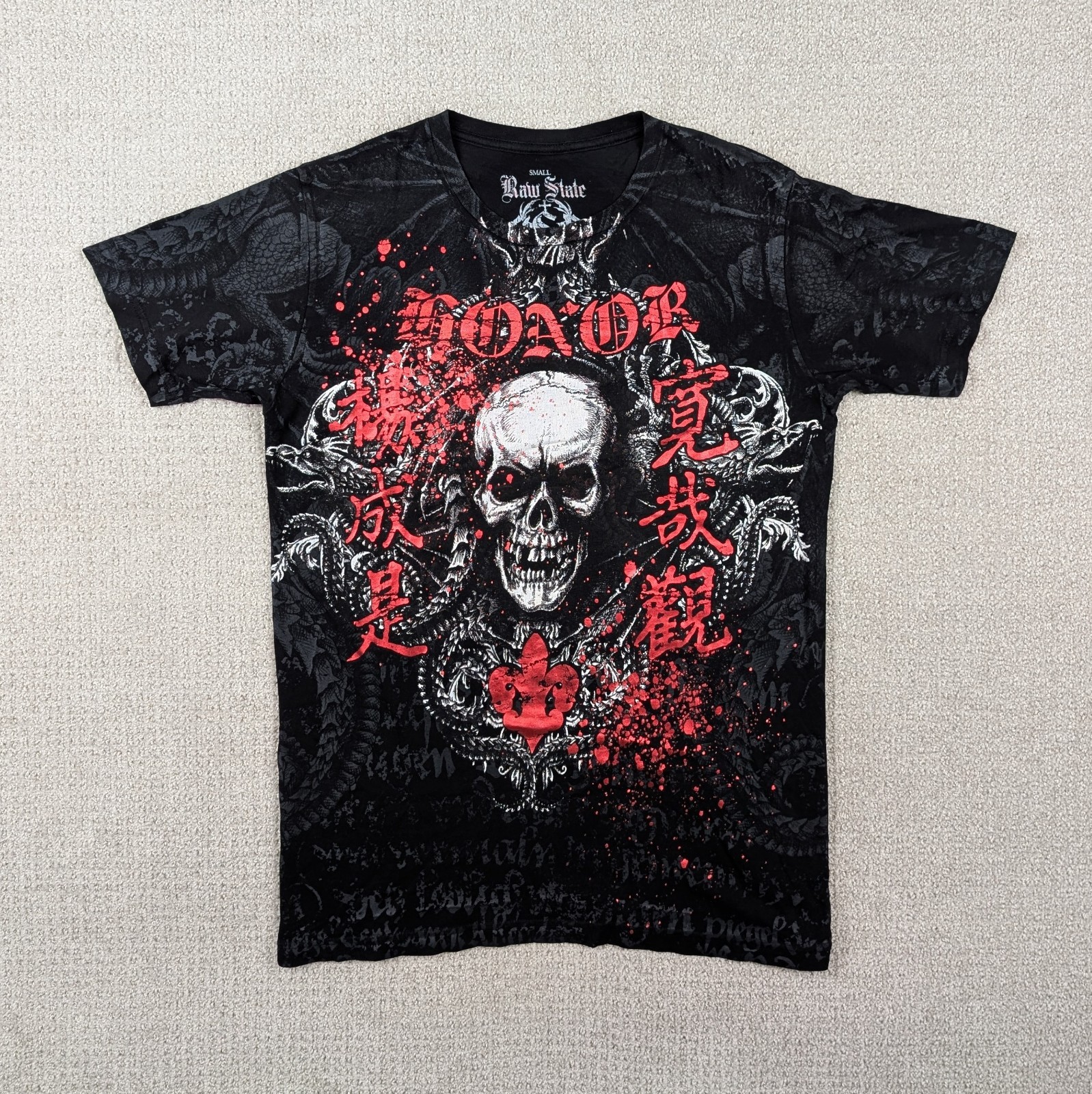 Y2K Raw State Skull Honor Men’s Small Shirt Black Red Foil Affliction Style AOP