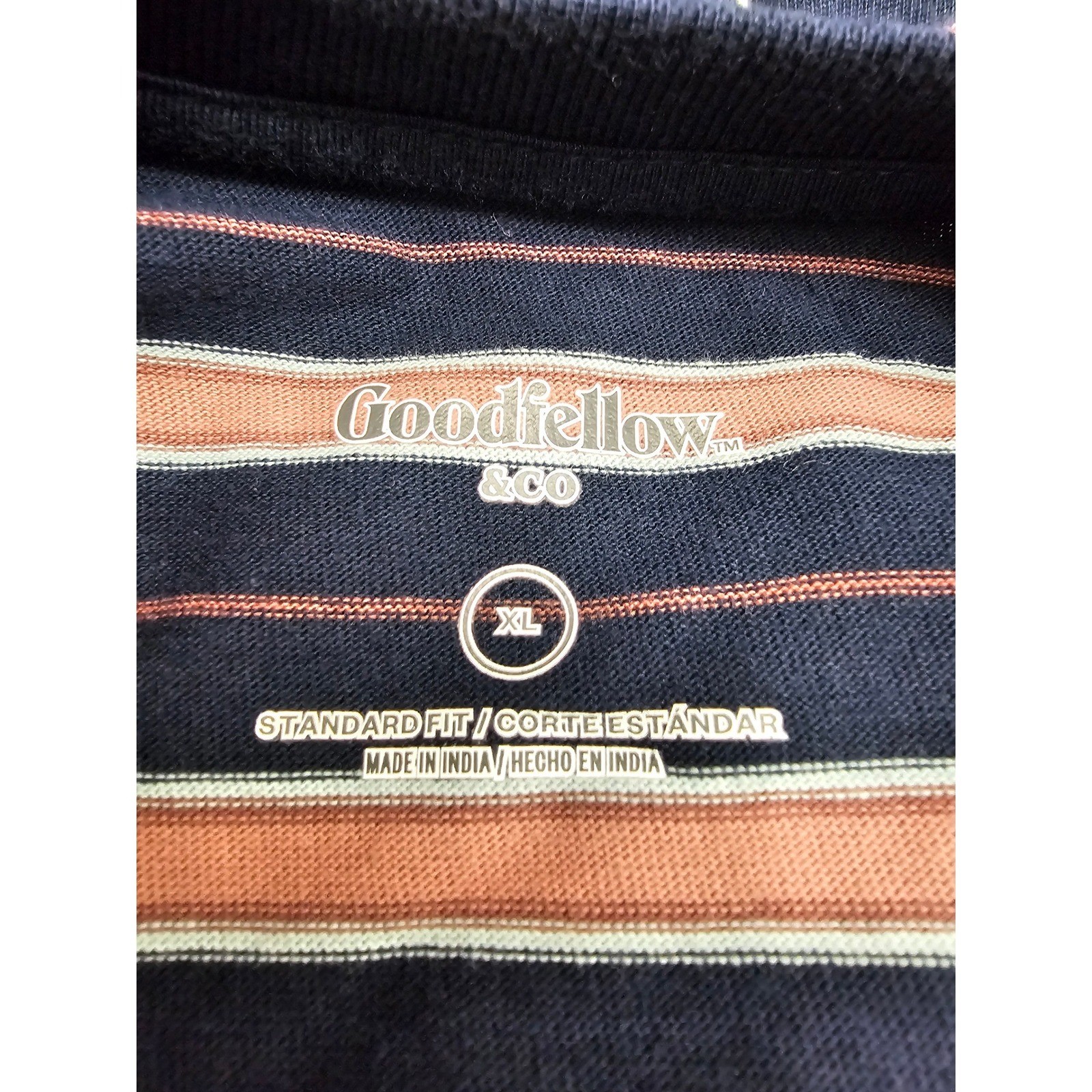 Goodfellow & Co Mens XL Navy Pink Striped Pocket T-Shirt Cotton Standard Fit