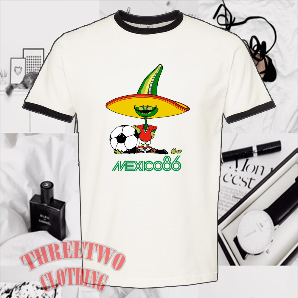 Mexico 86 Pique Classic Football Masscot Men’s Ringer Black Size S to 3XL