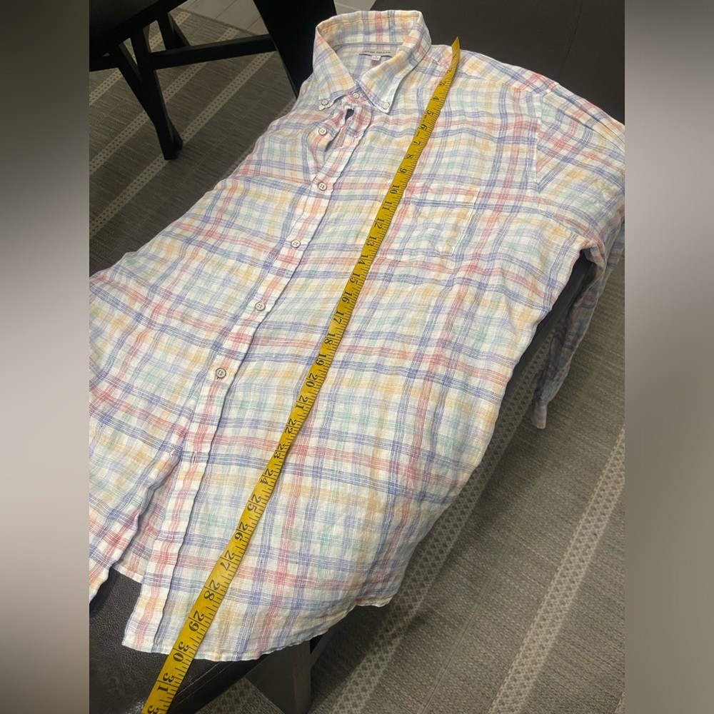 Peter Millar 100% linen striped checkered long sleeves men shirt L
