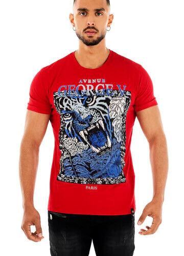 Avenue George V Paris T-Shirt Lion Men’s Red Tee Rhinestone Fitted XL 2XL 3XL