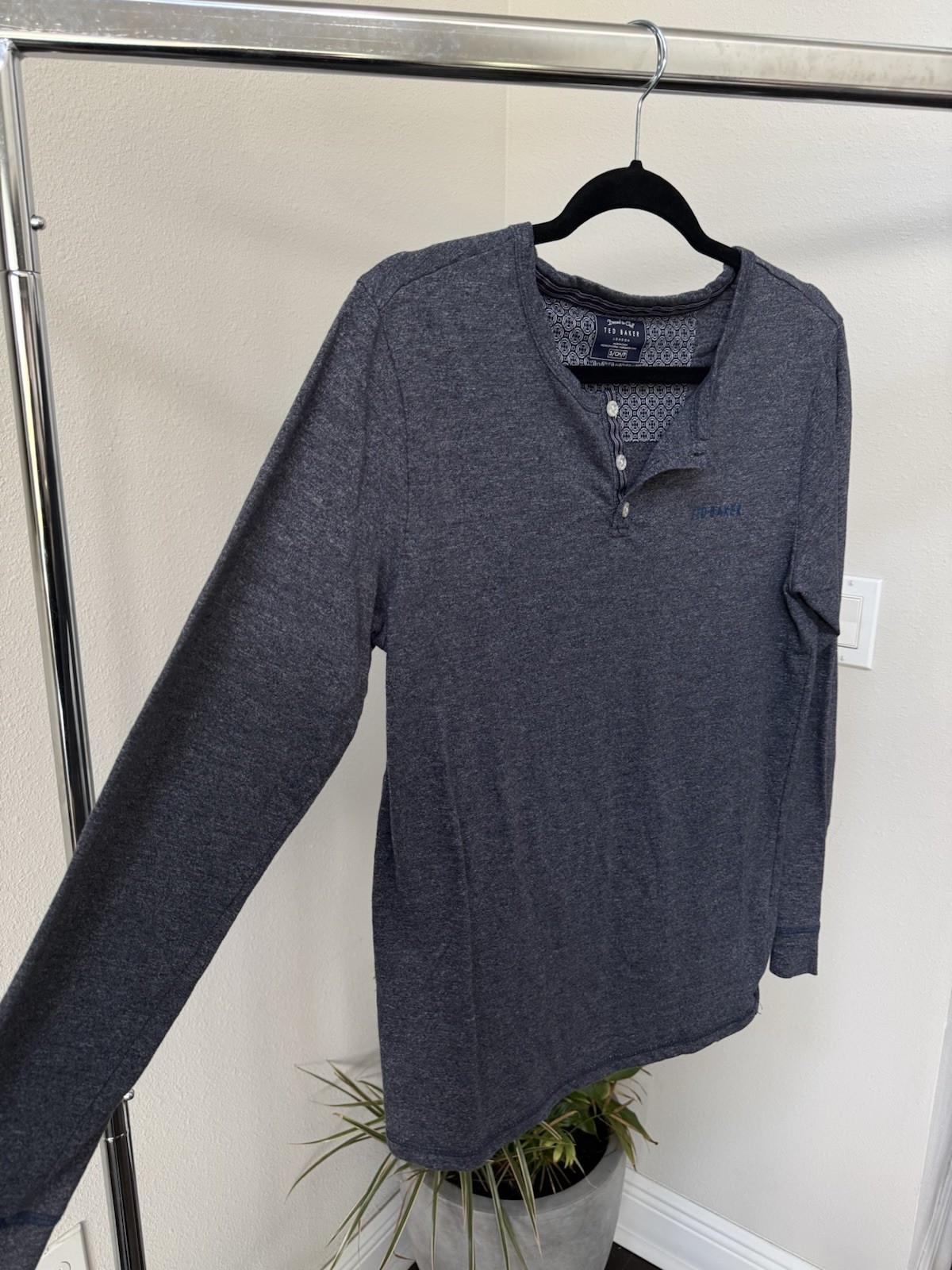 Ted Baker London Long Sleeve Henley Charcoal Marl Geometric Placket Size S