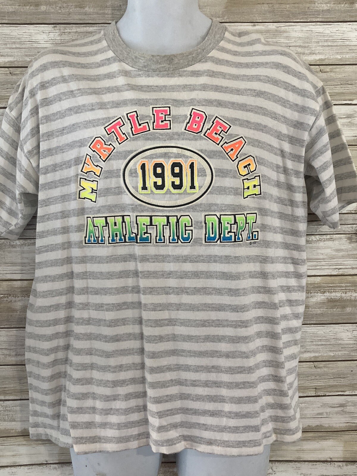 Vintage 1991 T-Shirt Myrtle Beach Mens L Large South Carolina Striped USA j335