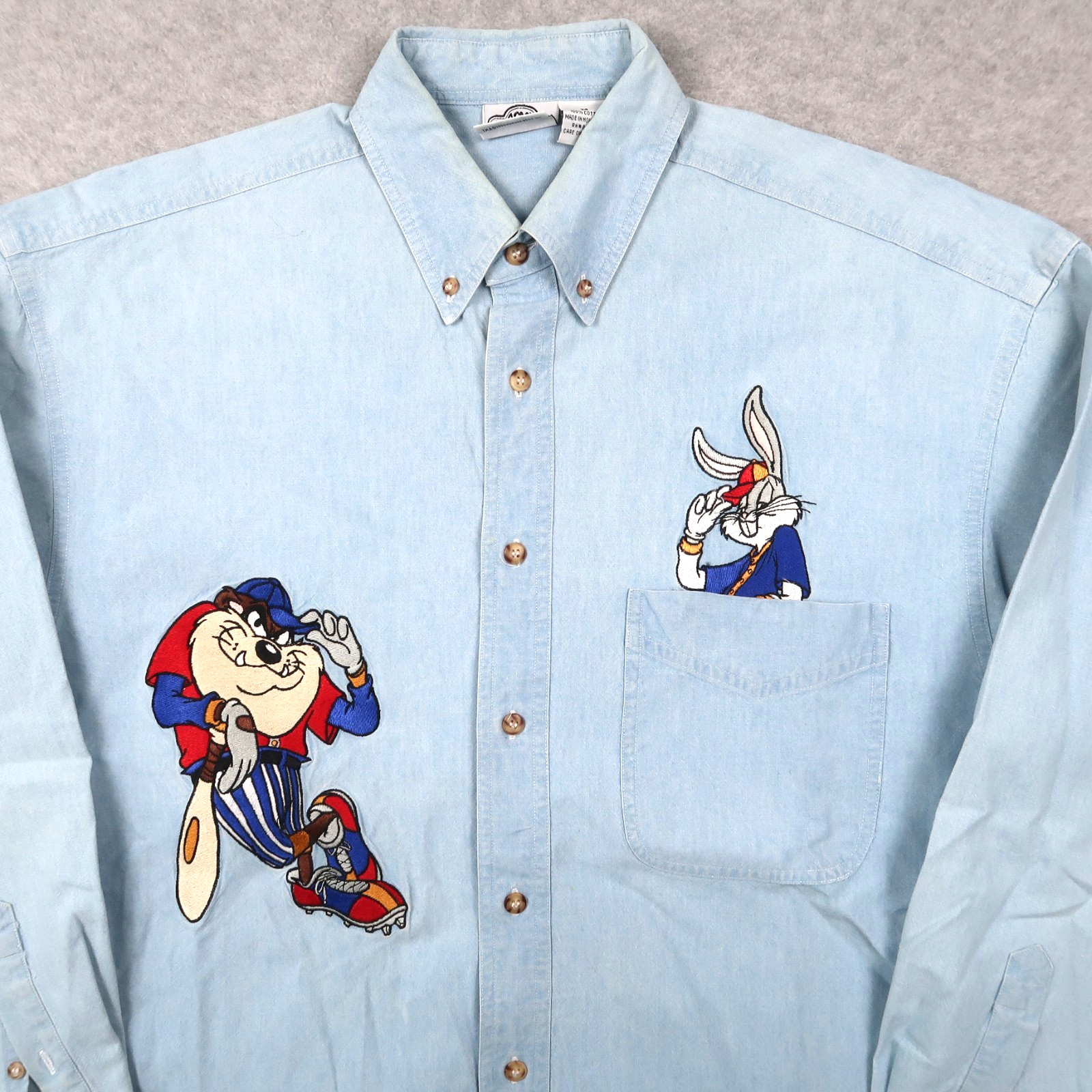 Vintage 90s Looney Tunes Chambray Denim Shirt Bugs Bunny Taz Medium M