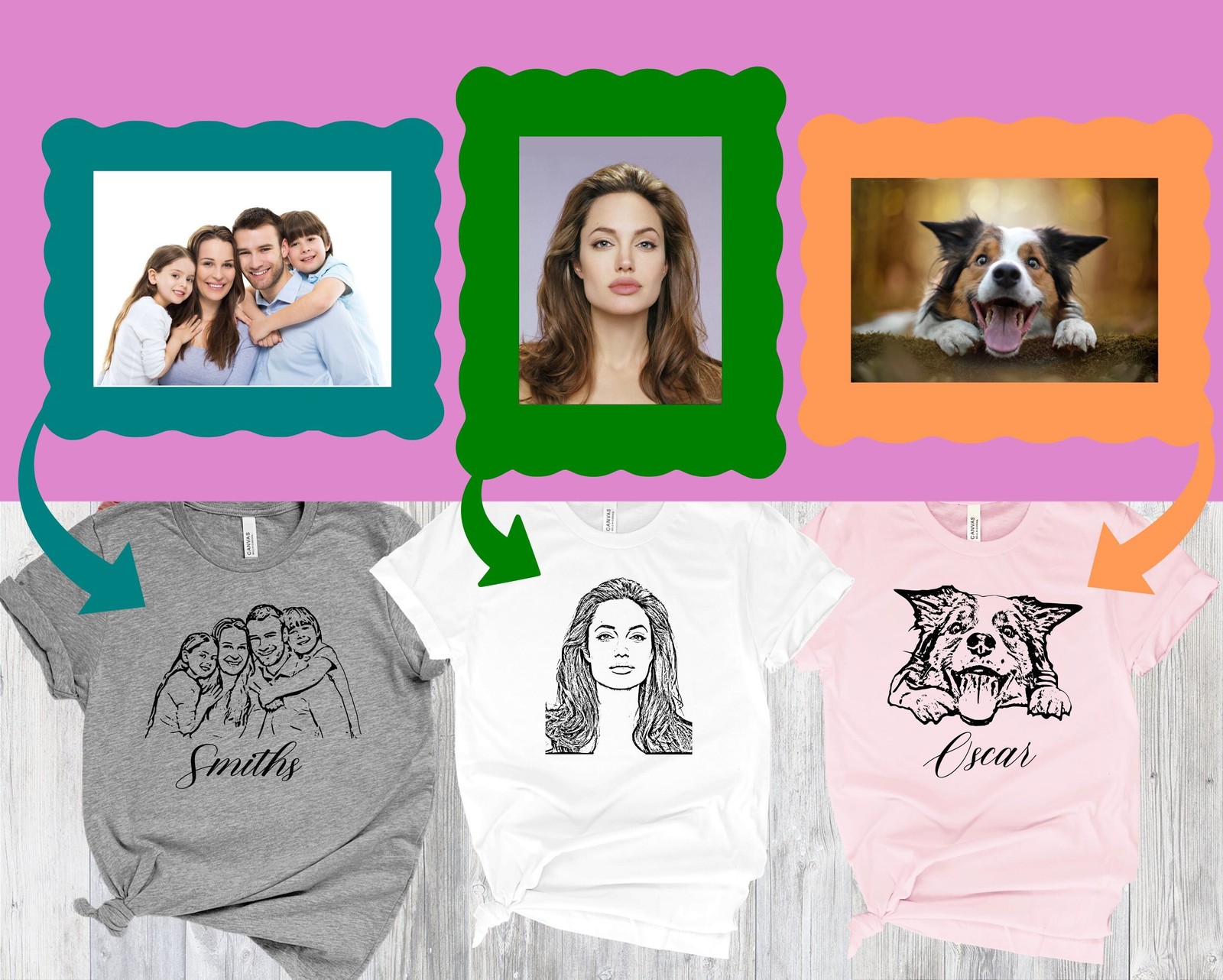 Custom Portrait from Photo T Shirt Personalized Hand Drawn Line Art Tee Family