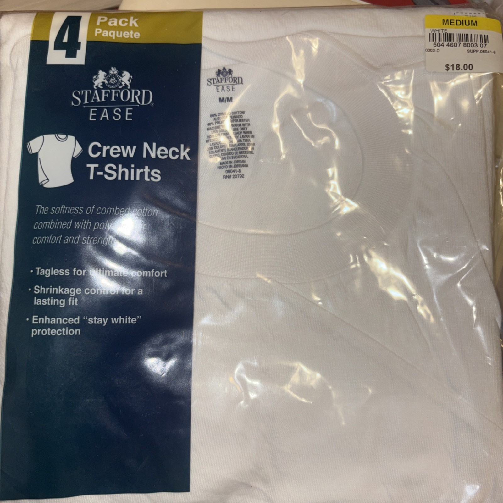 Stafford Ease Tagless Crew Neck T-Shirts 4 Pack Size Medium