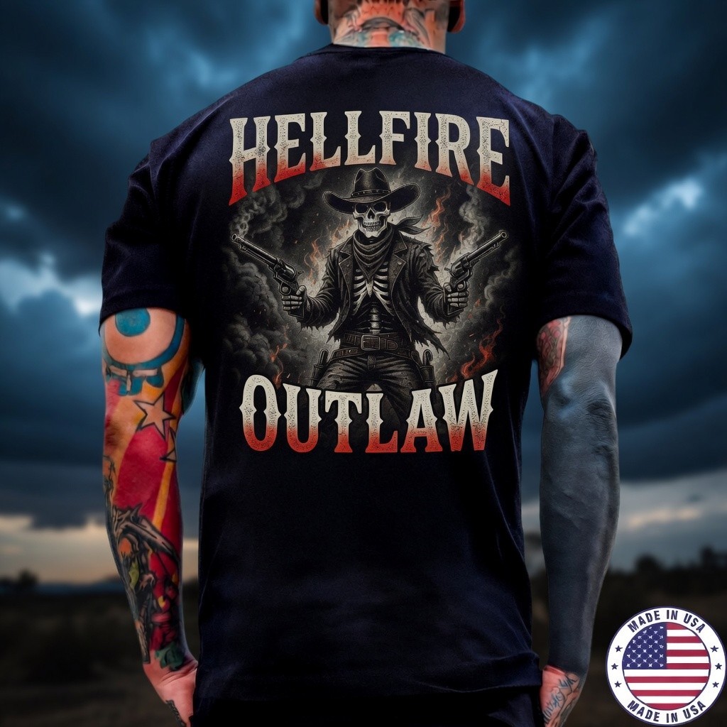 Dark Western Outlaw Skull Cowboy Fire T-Shirt Mens Black Made in USA Tee