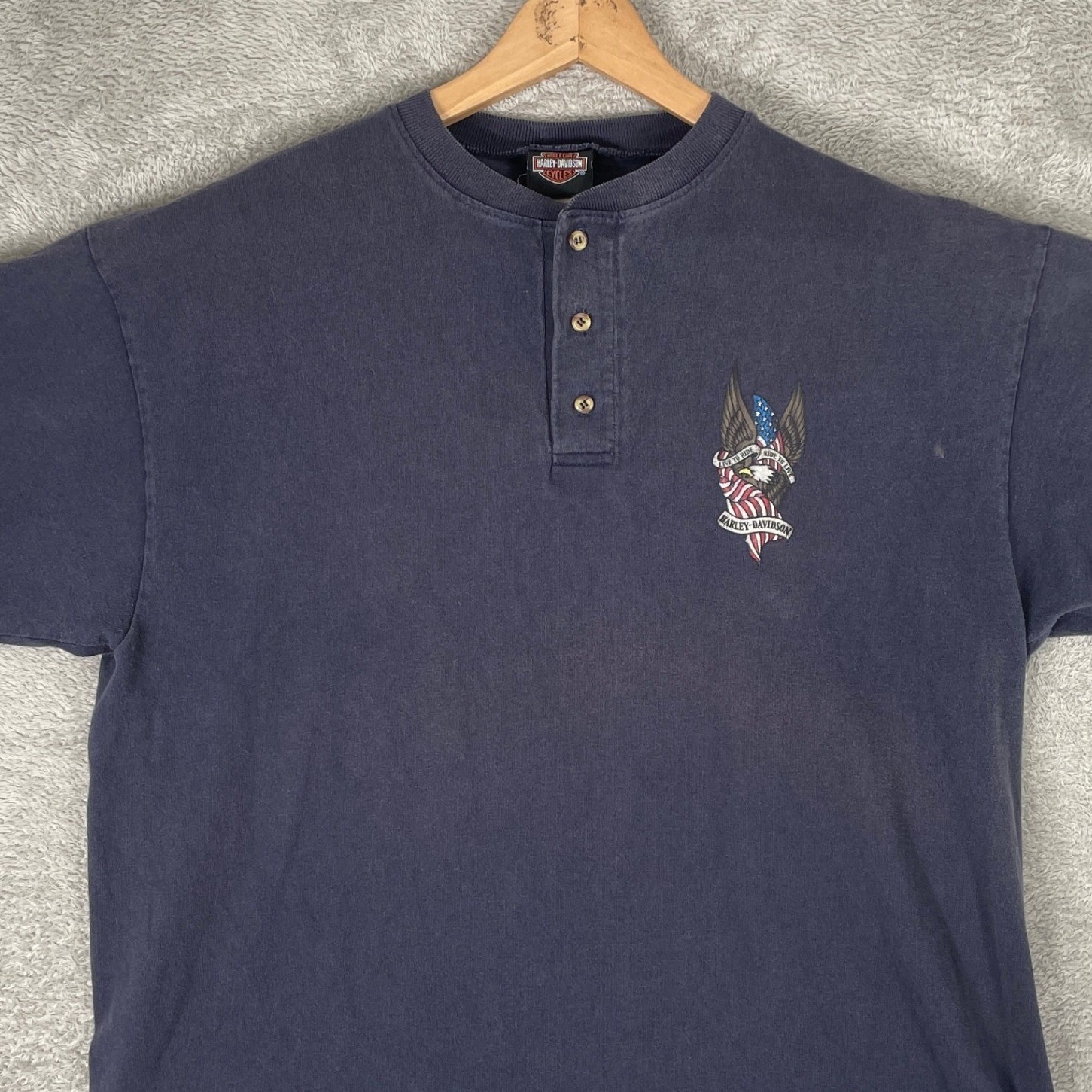 Vintage Harley Davidson Henley Shirt Mens XL Blue Eagle Graphic Y2K Biker