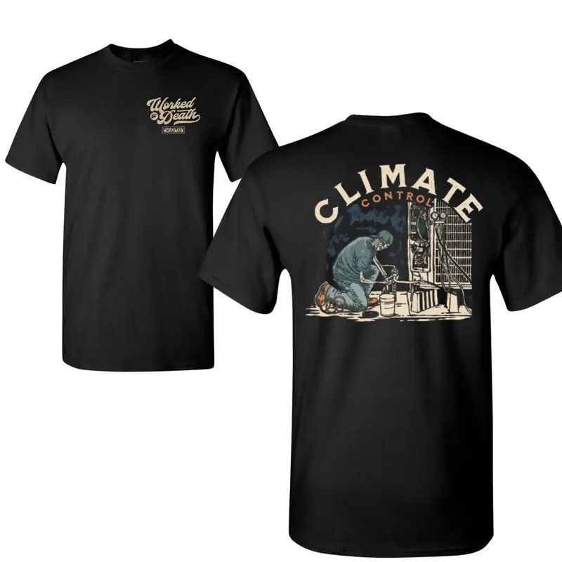 Climate Control Worker T-Shirt, 2 Sides Graphic with HVAC Technician Repair Scen