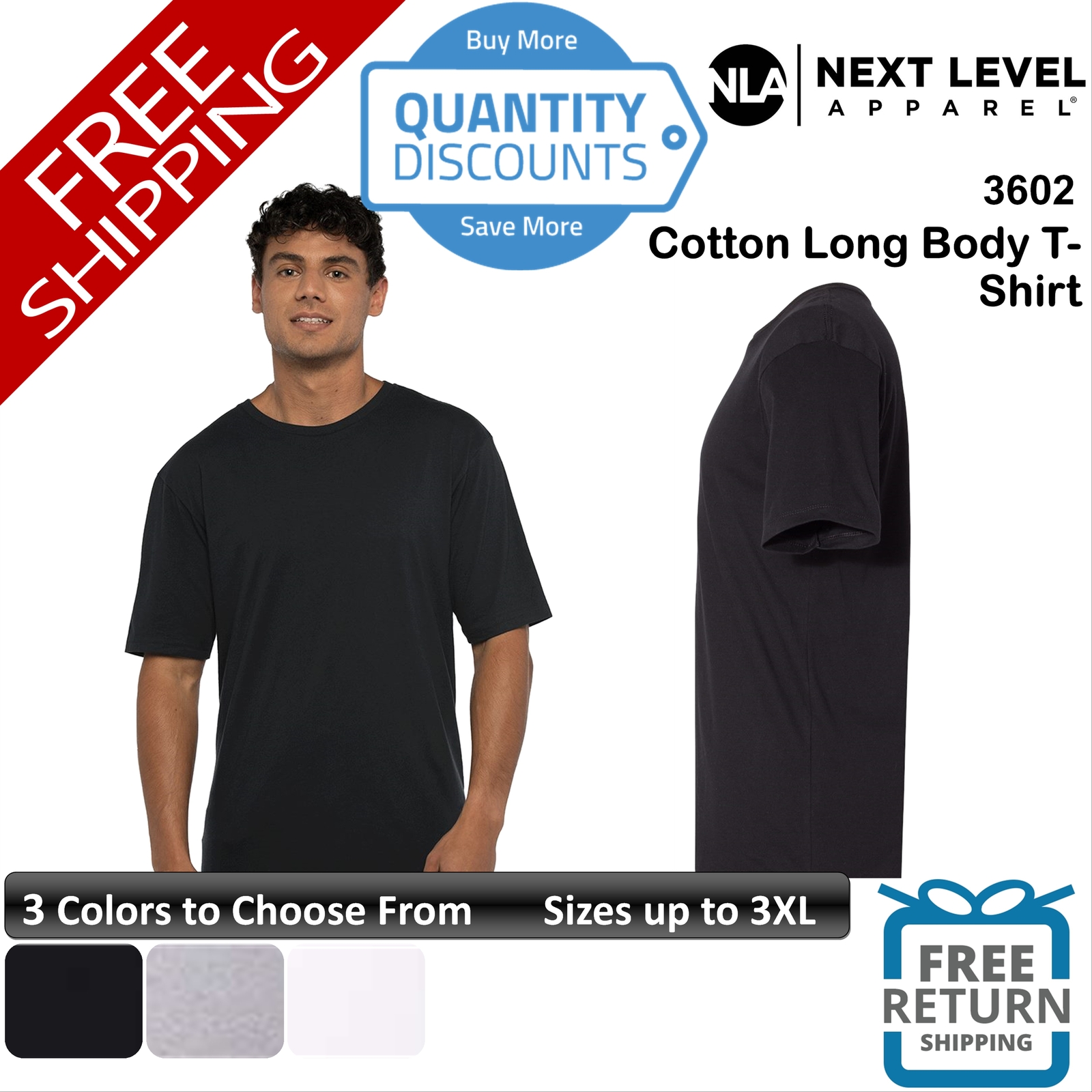 🔥 Next Level Men Cotton Long Body Ring-spun Cotton T-shirt Up To 3XL 3602