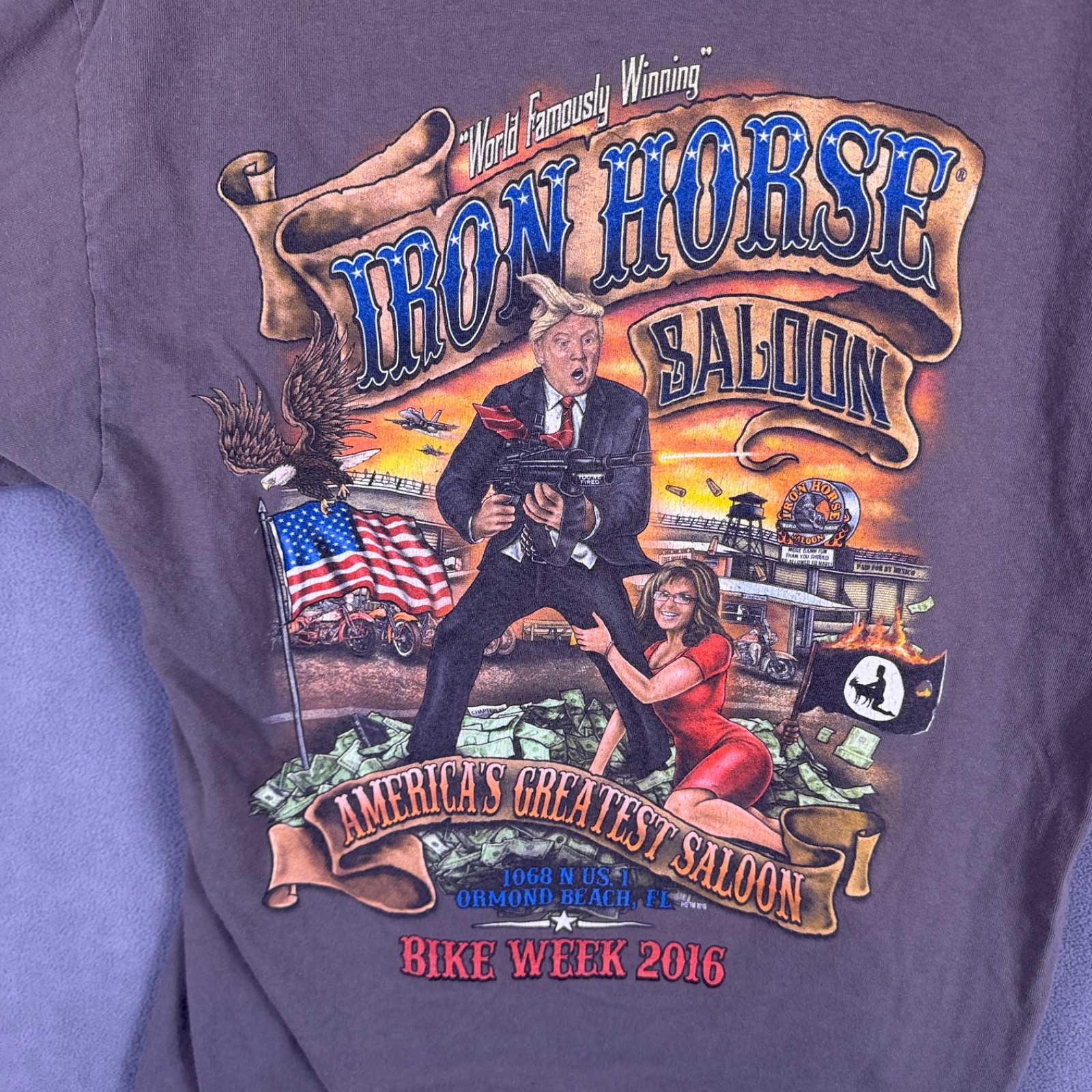 Iron Horse Saloon T Shirt Mens L Gray Bike Week 2016 Trump Machine Gun Graphic