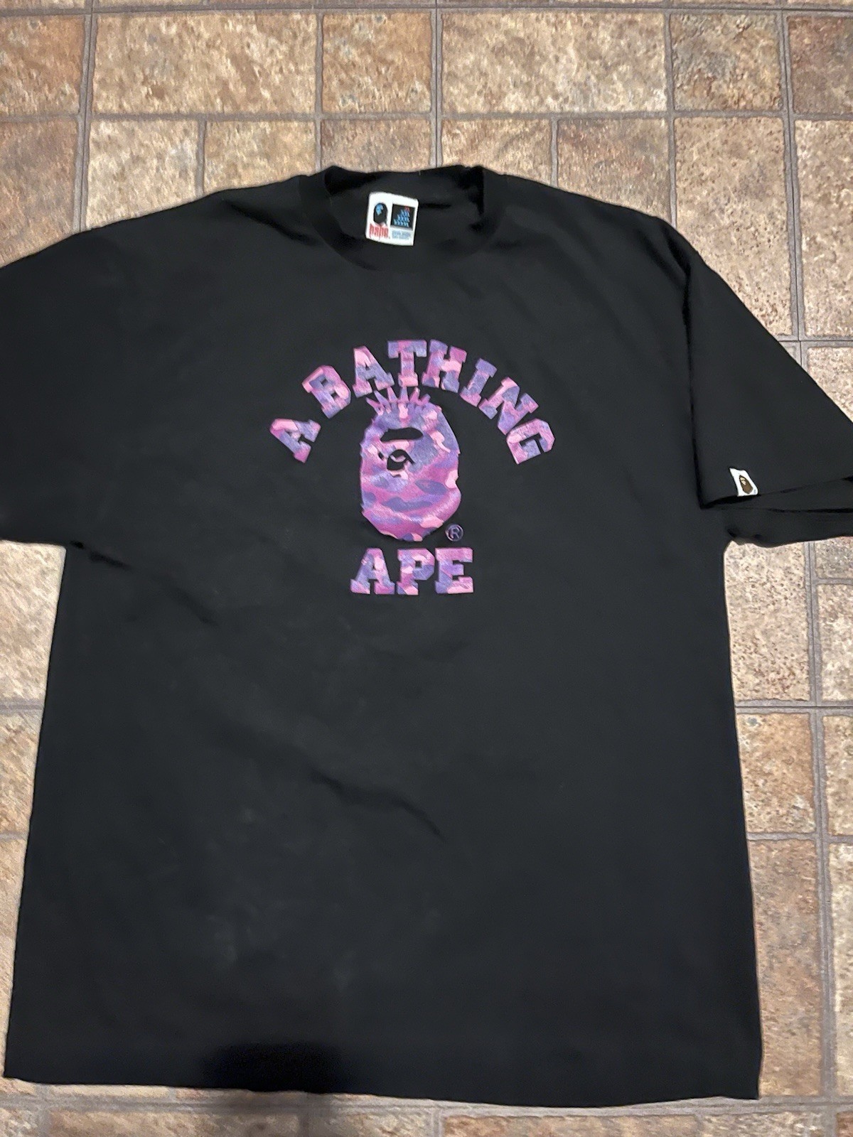 A Bathing Ape BAPE Black College Logo Ape Head Graphic Tee Crew Neck XXL