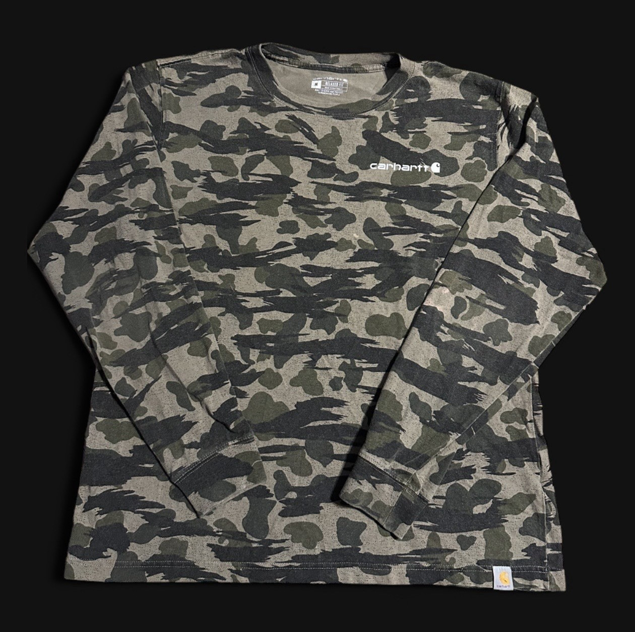 Carhartt Men’s Camo Long Sleeve Crew Neck Relaxed Fit Logo Cotton Knit T-Shirt M