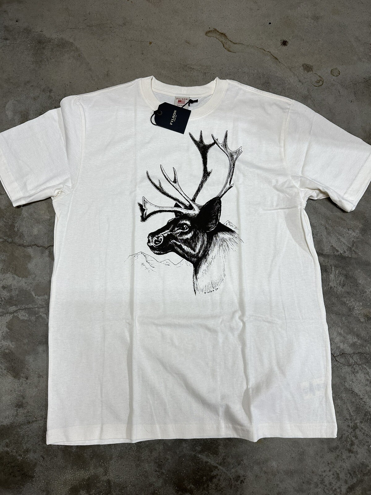 NWT Filson Caribou Short Sleeve T Shirt Pioneer Graphic White Black Made in USA