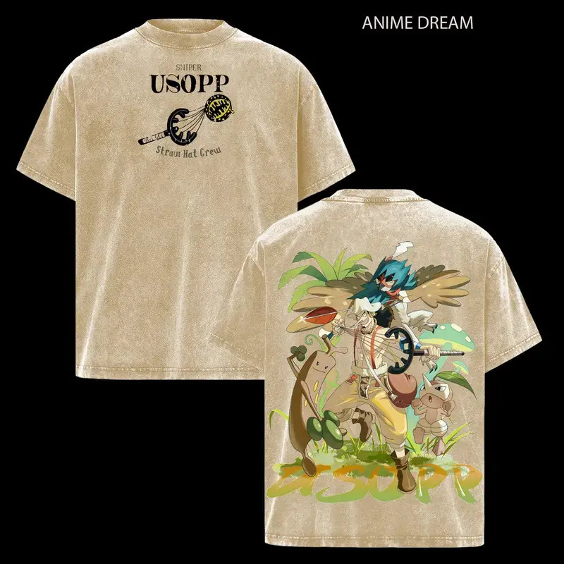 Usopp OP x PKM Anime Double Printed Vintage Tee Manga Heavyweight Cotton T-Shirt
