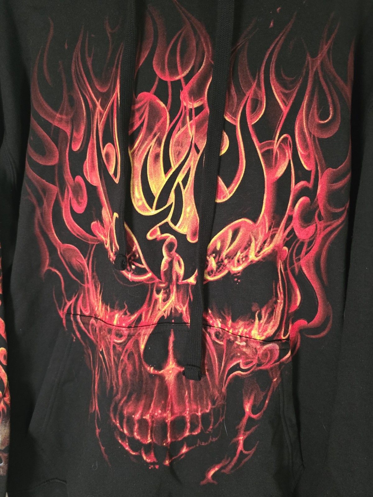 Vintage Y2K Spiral Direct Skull Flames Fire Hoodie Black Size Large NWT