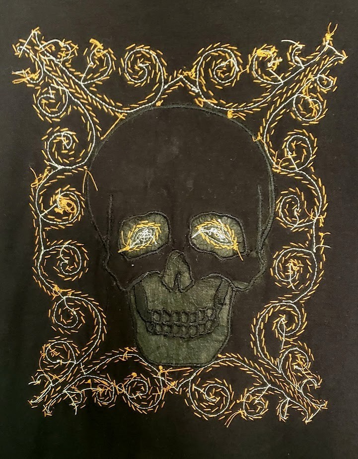 VTG 1990s 90s Y2K Edward Dada Black Leather Applique Skull Embellished Tee Shirt
