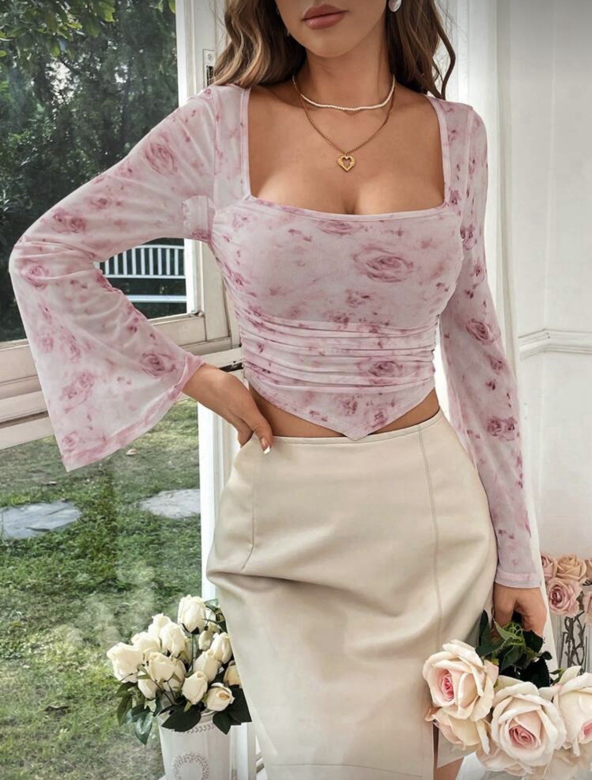 Elegant Flower Print Square Neck Flare Sleeve Ruffle Hem Handkerchief T-Shirt