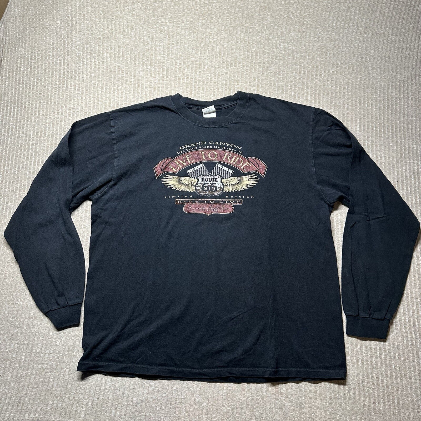 Vintage Y2K Live To Ride Route 66 Biker Long Sleeve T-Shirt Faded Distressed XL
