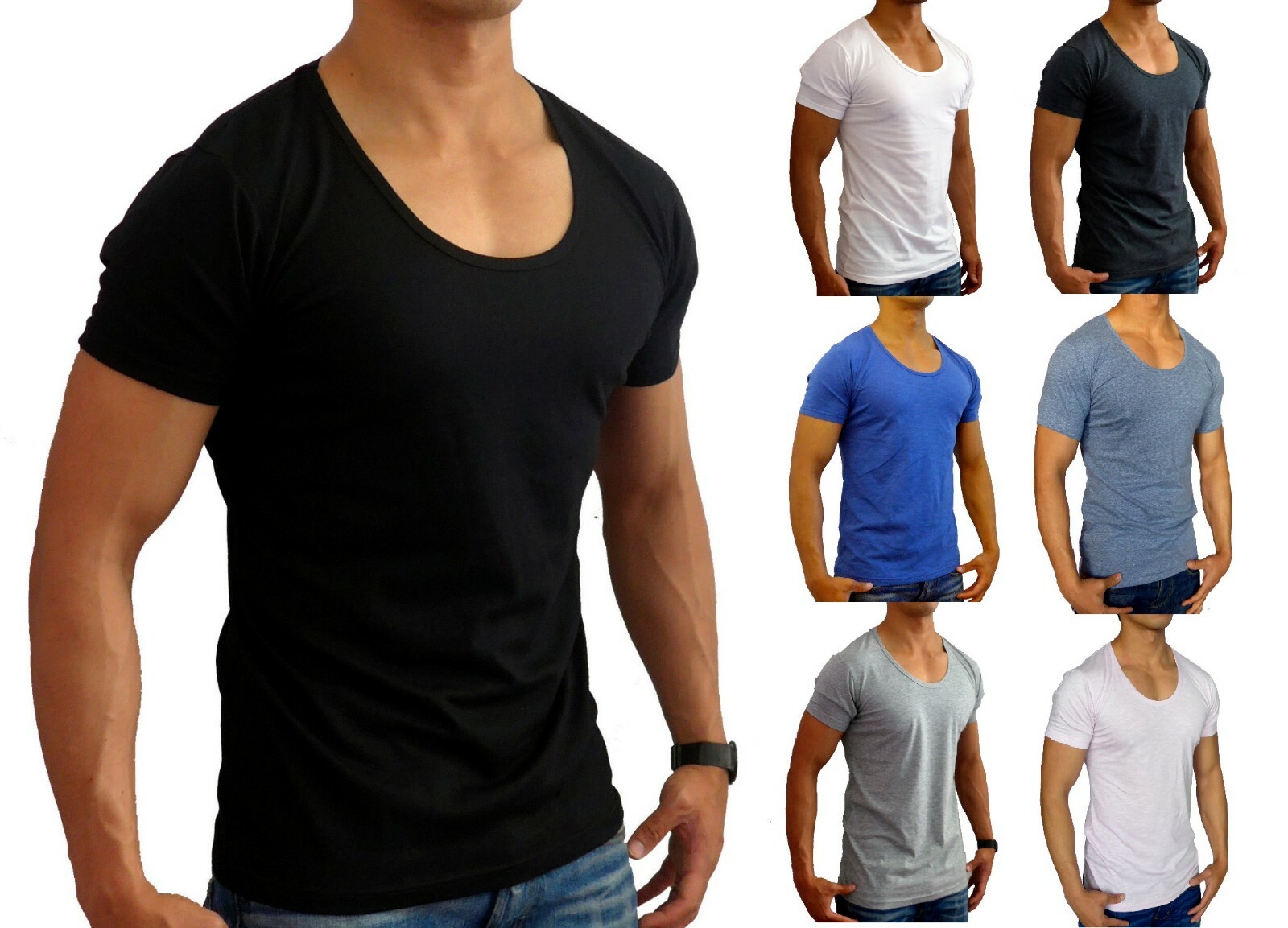 NEW MENS PLAIN DEEP SCOOP T SHIRT SLIM FIT S – XXL EURO CASUAL MUSCLE FASHION