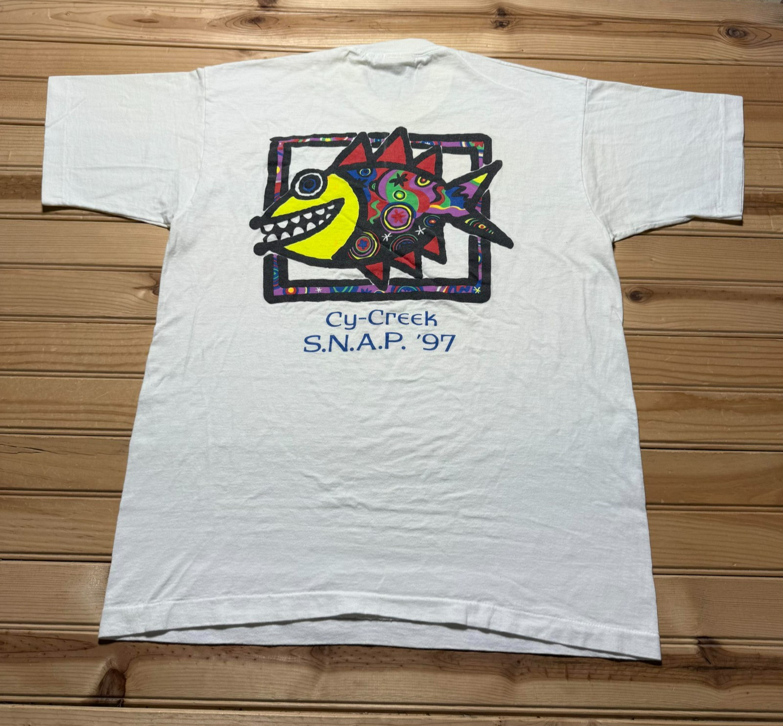 Vintage 1997 I Survived Paradise Island Cy-Creek S.N.A.P. Fish Shark Shirt Large