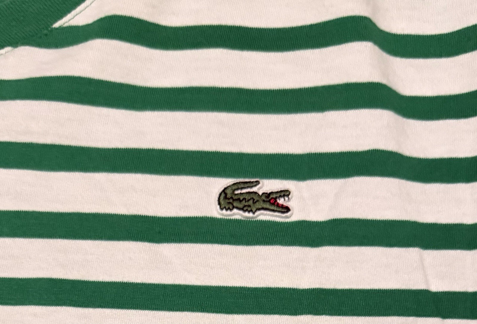 Lacoste Men’s V Neck Green White Stripe Alligator Logo T Shirt Size Medium/6