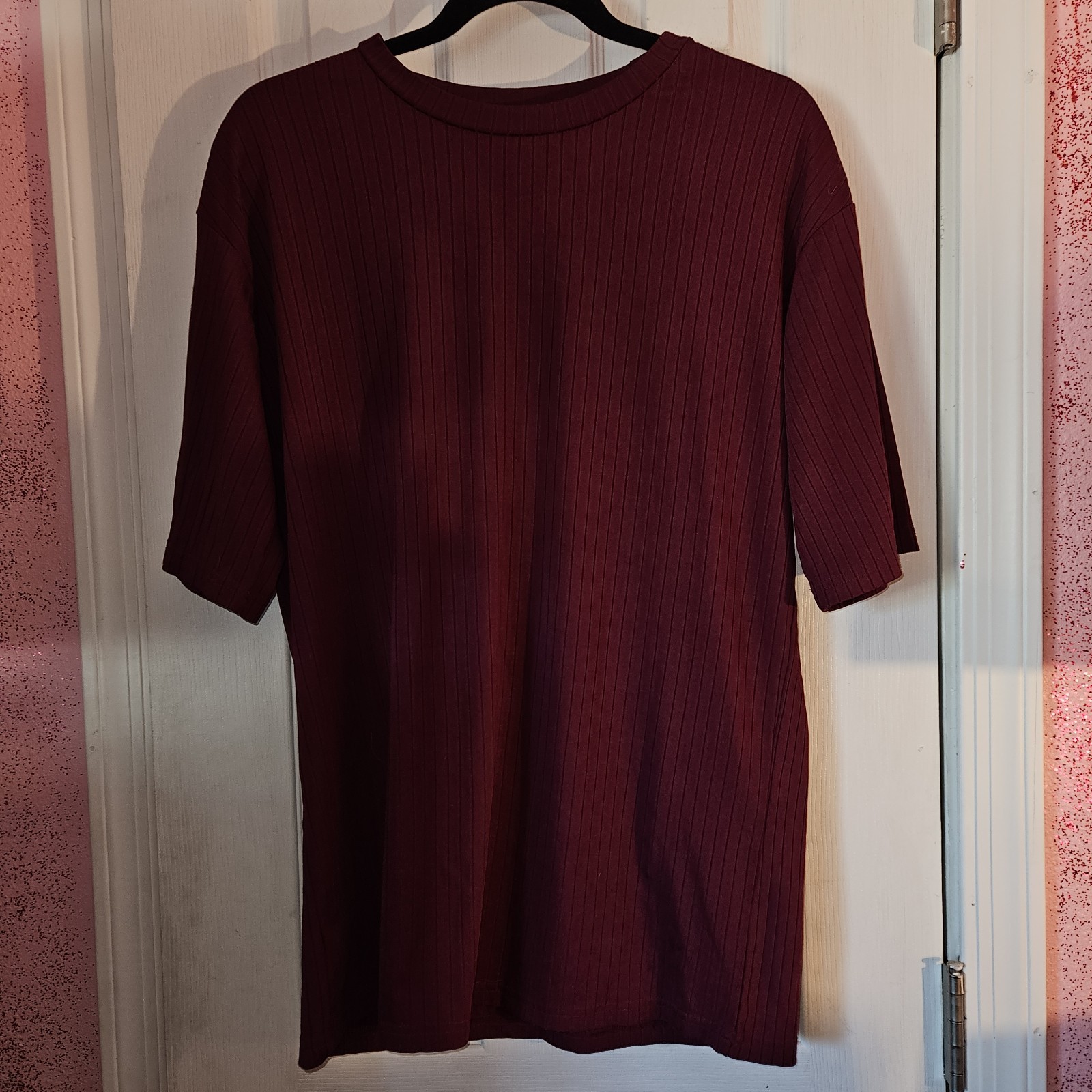 Burgundy Ribbed Short Sleeve Crewneck T-Shirt