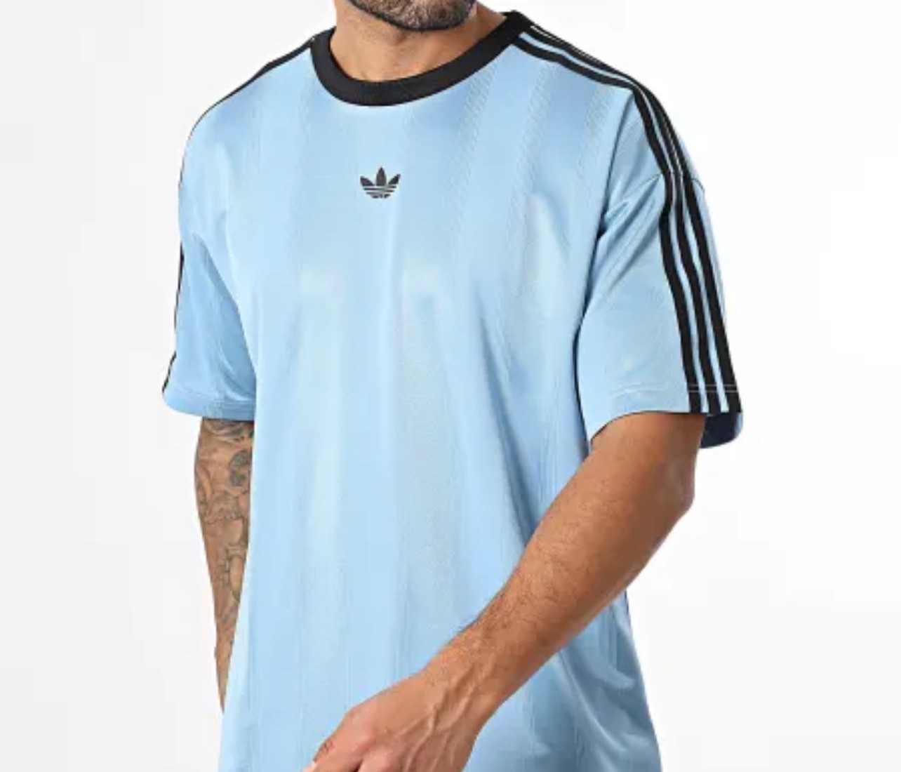 NEW MENS ADIDAS ORIGINALS Large TREFOIL POLY TEE SHIRT Jacquard Ash Blue Black