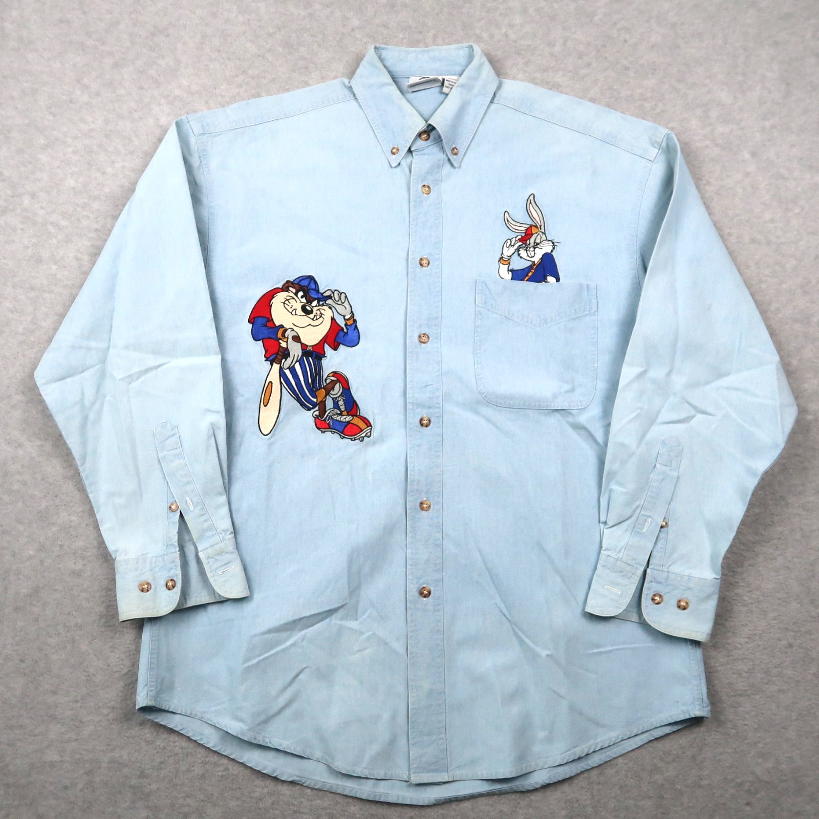 Vintage 90s Looney Tunes Chambray Denim Shirt Bugs Bunny Taz Medium M