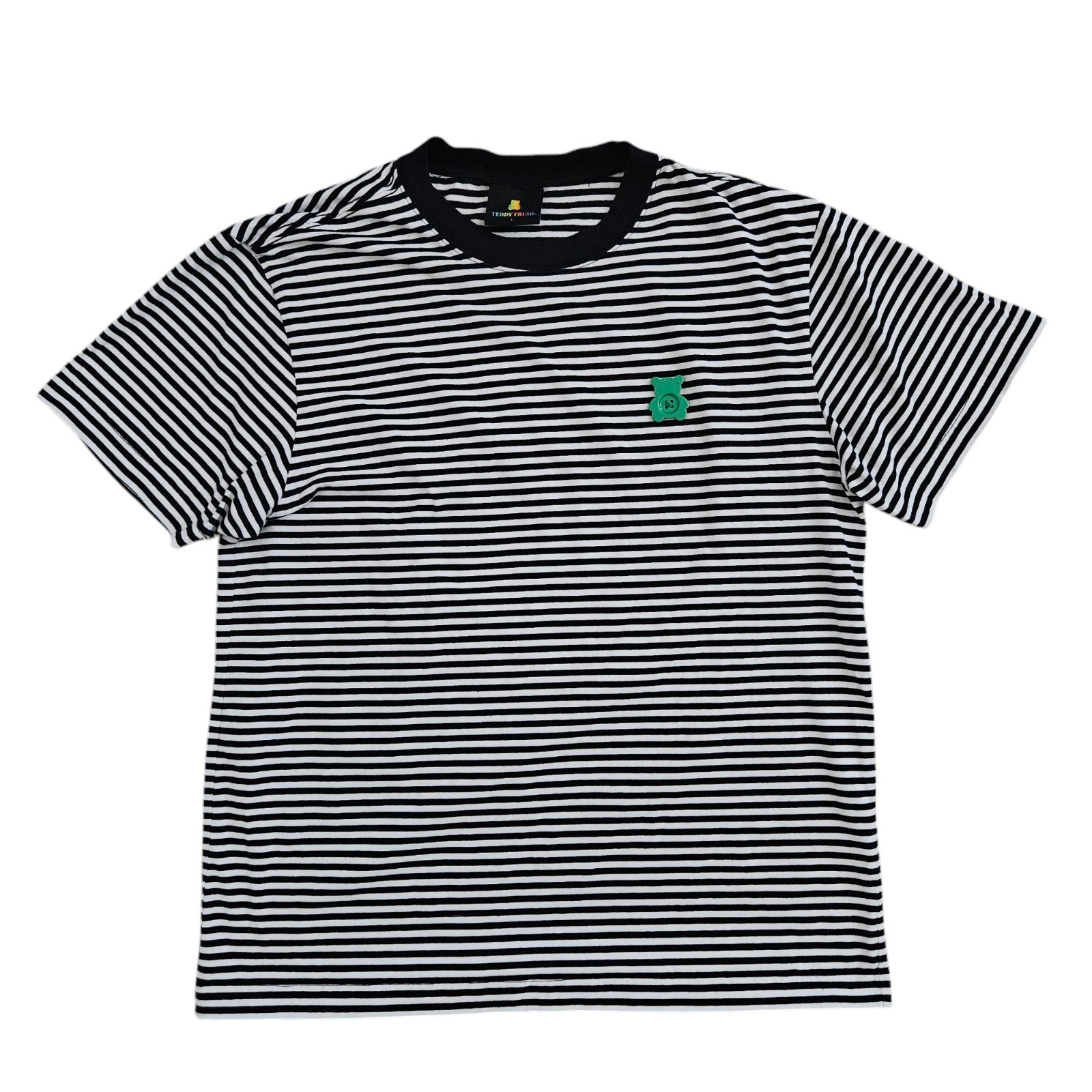 Teddy Fresh T-Shirt Mens Large Striped Short Sleeve Tee Black White Bear Button