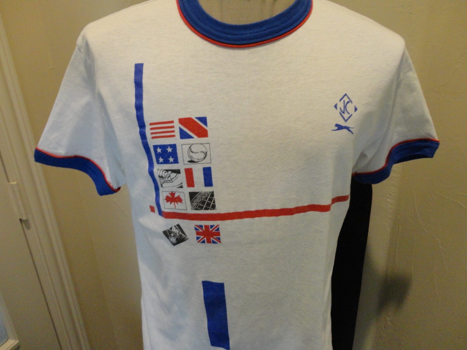 Vintage White Red Blue JC Soccer RINGER Jersey Shirt Adult M 50-50 USA Rare