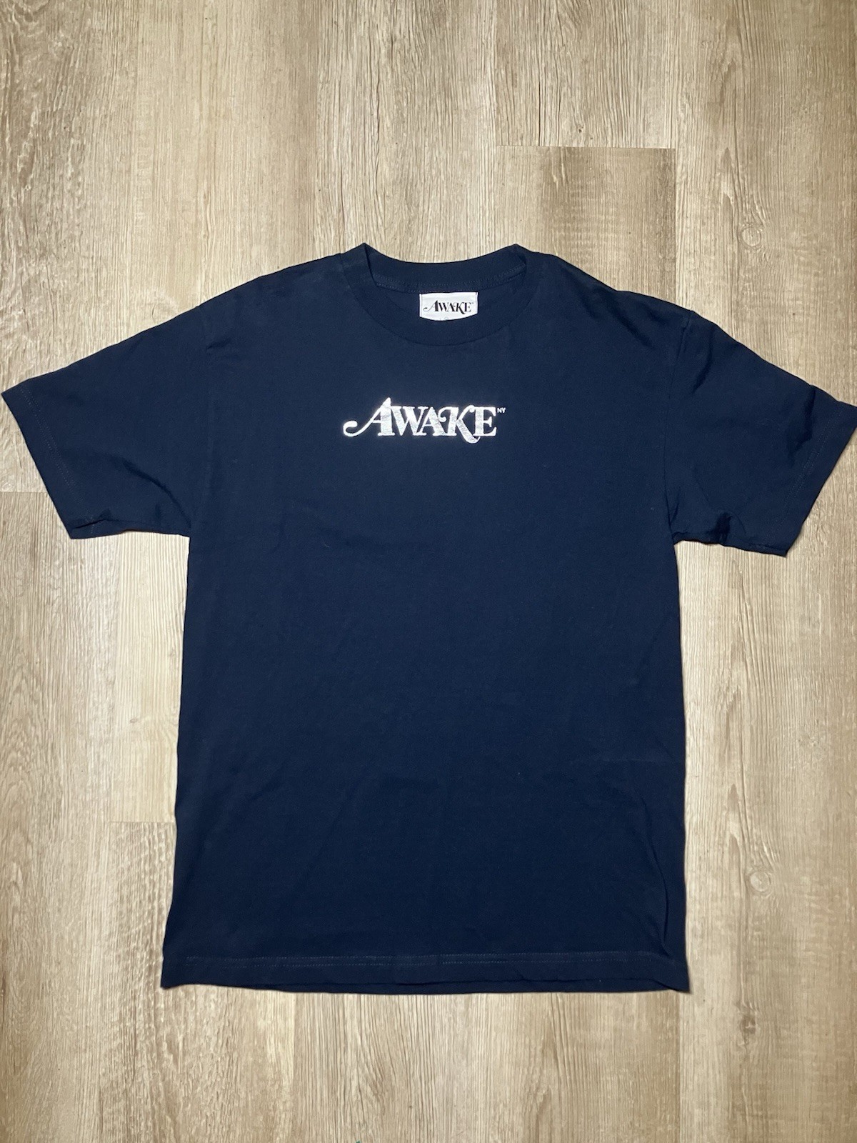 Awake Metallic Foil Logo Tee Shirt Navy Blue Size Medium