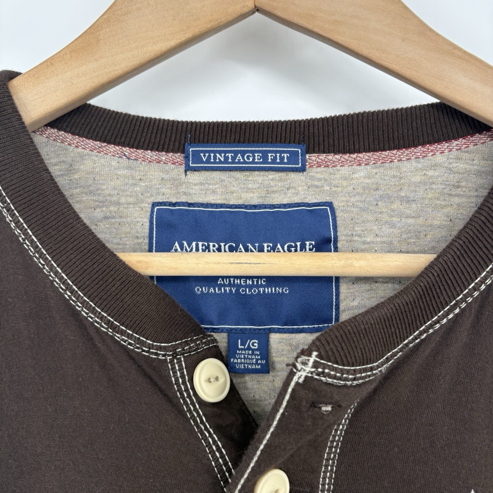 Y2K American Eagle Mens Logo Henley Shirt L Double Lined Retro Buttons Preppy