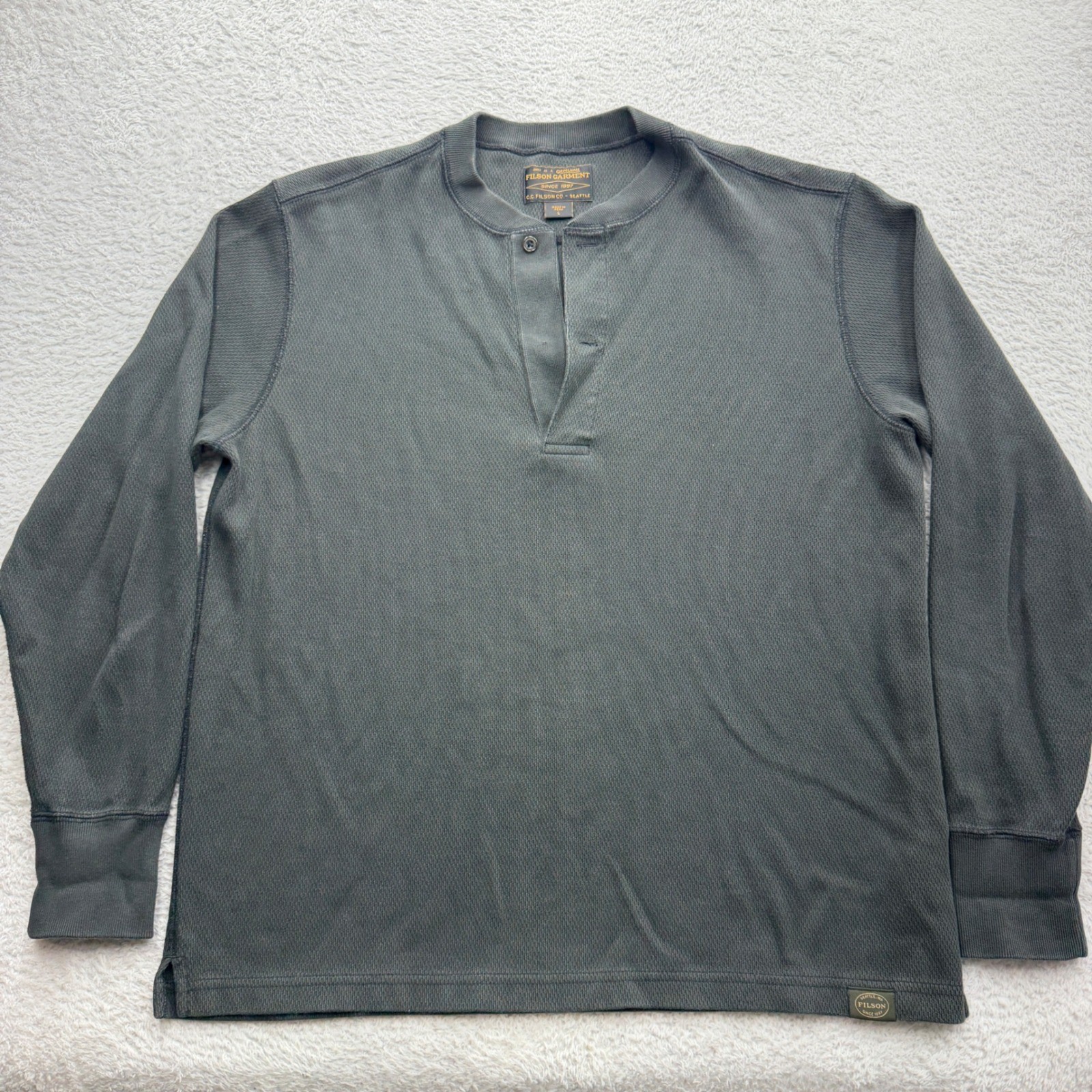 Filson Mens Waffle Knit Thermal Henley Shirt Charcoal Grey Long Sleeve Size L