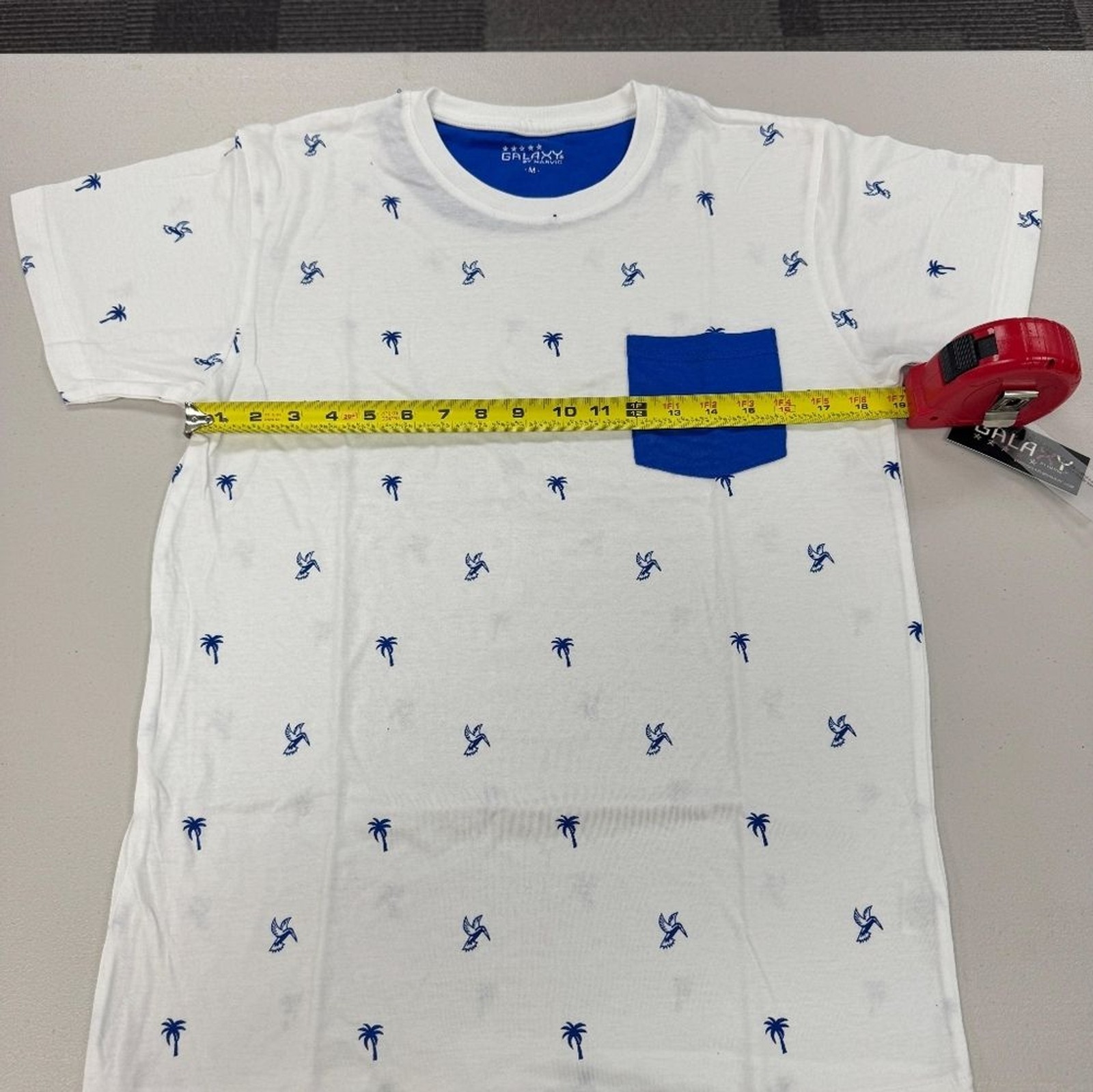 White T-Shirt with Blue Palm Tree Print and Pocket