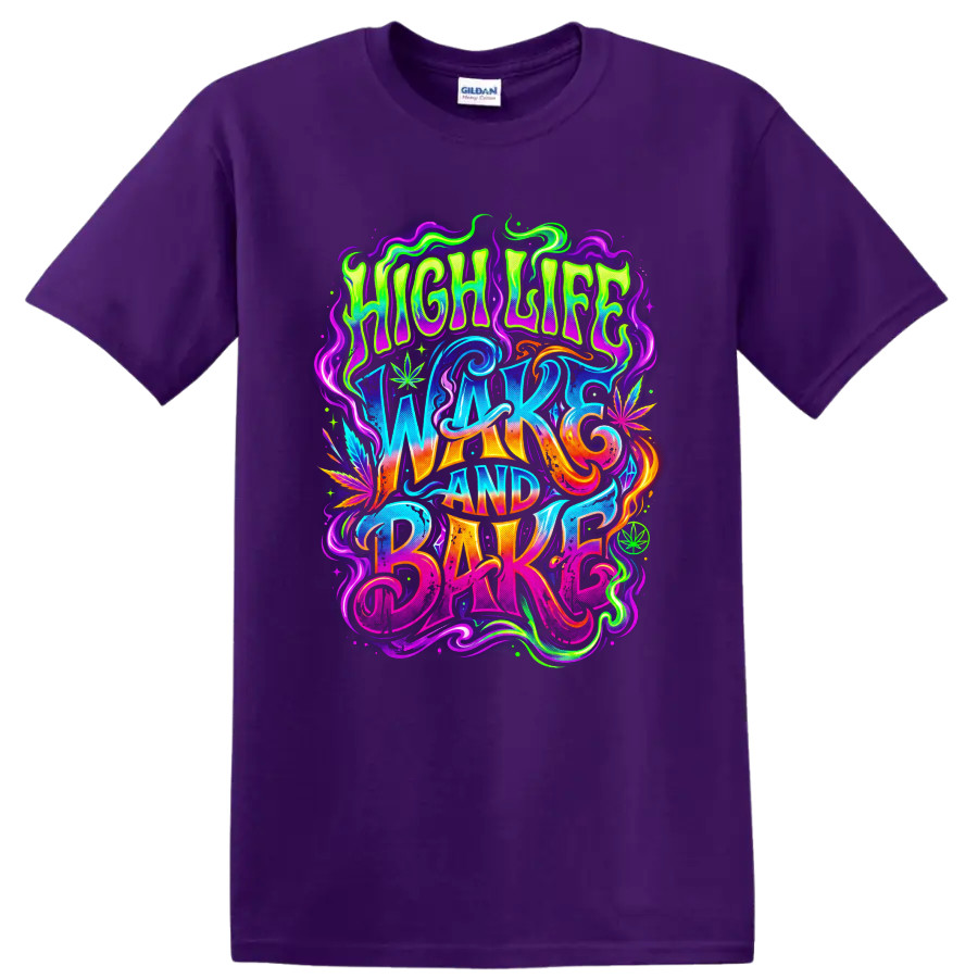 Cannabis Wake and Bake T Shirt Psychedelic Neon Leaf Graphic 420 Culture Tee