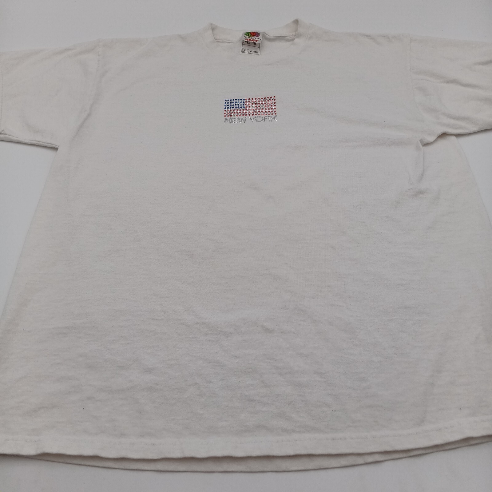 Fruit Of The Loom T Shirt Mens XL White Bedazzled New York USA Flag Tee