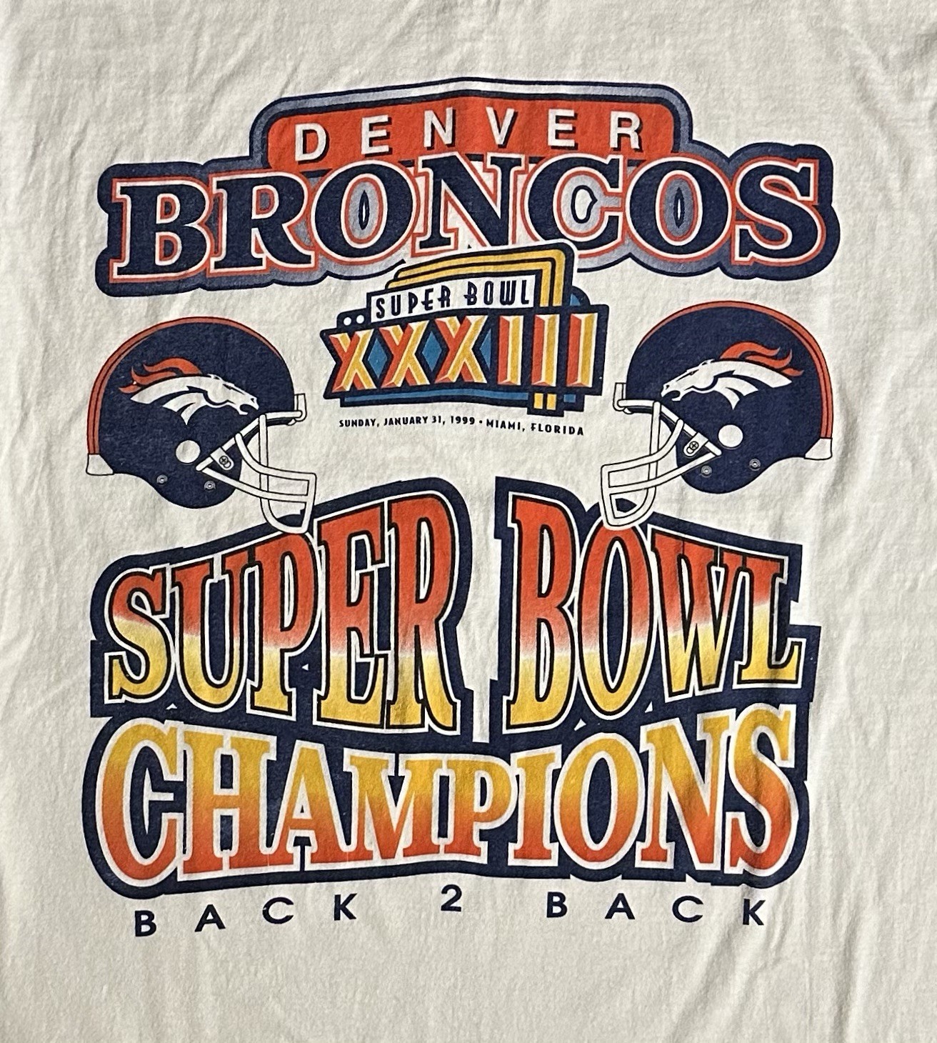 VTG ‘99 Super Bowl 33 Denver Broncos Back 2 Back Champions Single Stitch Men’s L