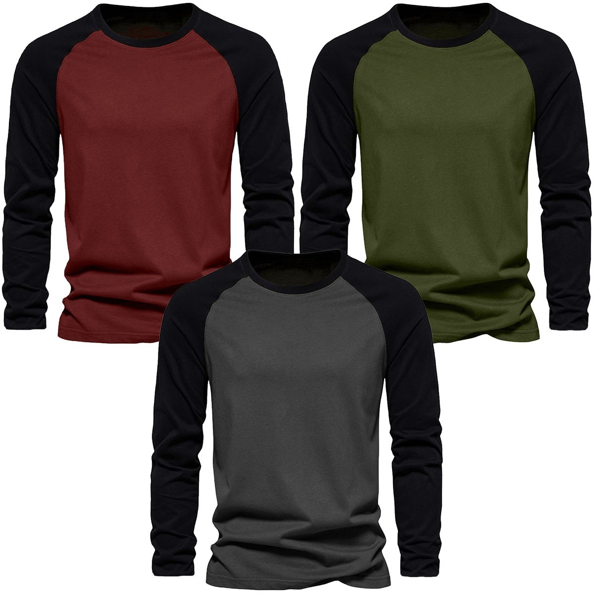 Mens Long Sleeve Raglan T-Shirt Baseball Team Teen Tee Fashion Crew Neck S-2X