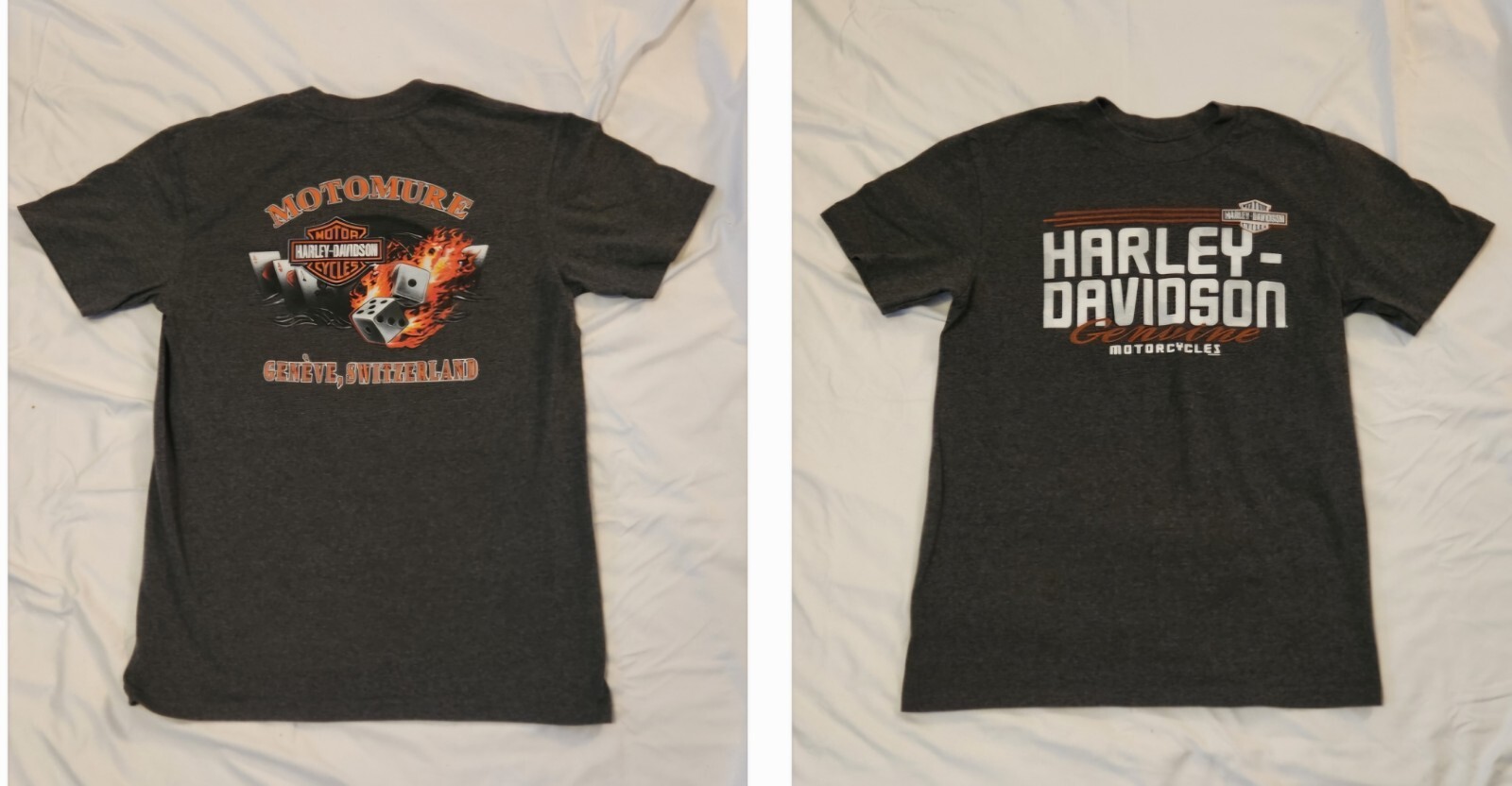 Harley Davidson Geneve Switzerland Flame Dice Short Sleeve T-shirt D. Gray – M