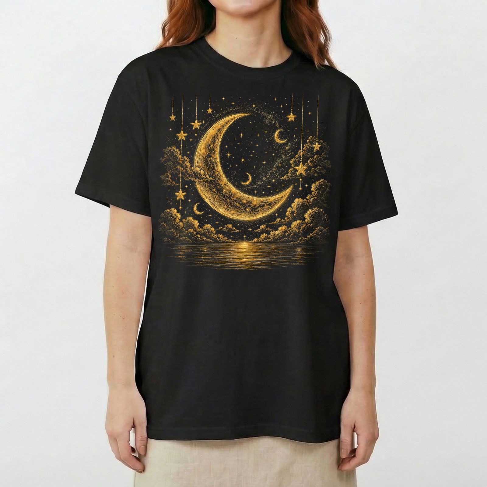 Golden Crescent Moon Stars T-Shirt Mystic Night Sky Reflection Tee