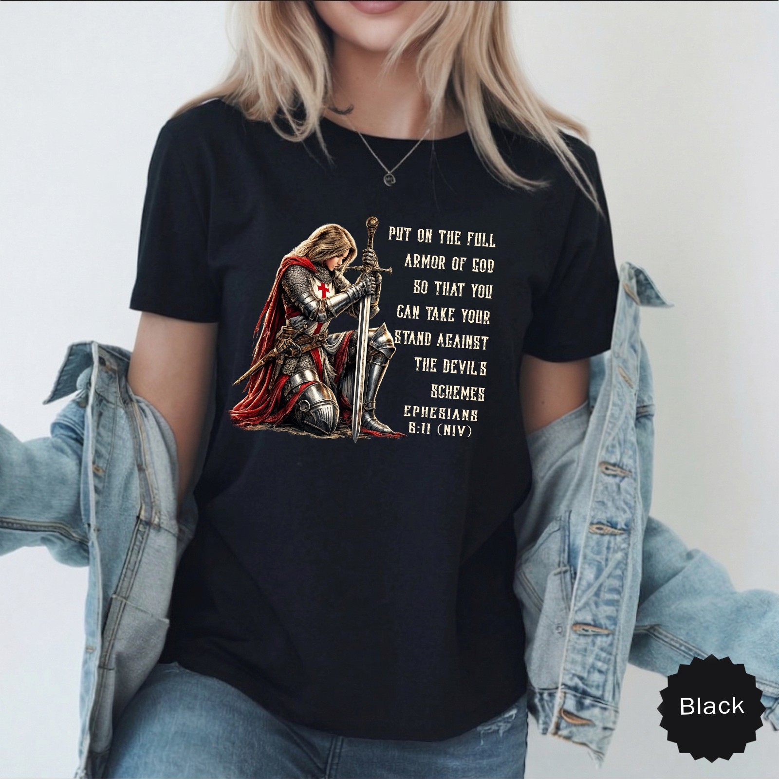 Christian Prayer Warrior T-Shirts Armor of God Knight Templar Verse Saying Lord