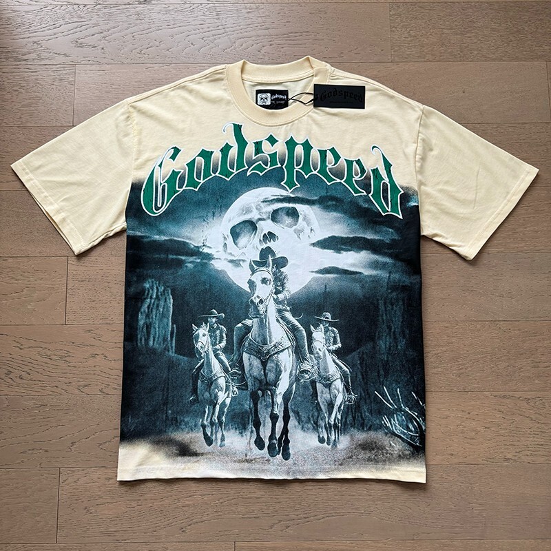 25/SS NEW Godspeed Rock Skeleton Knight print pattern Tee Washed Mens T-shirt
