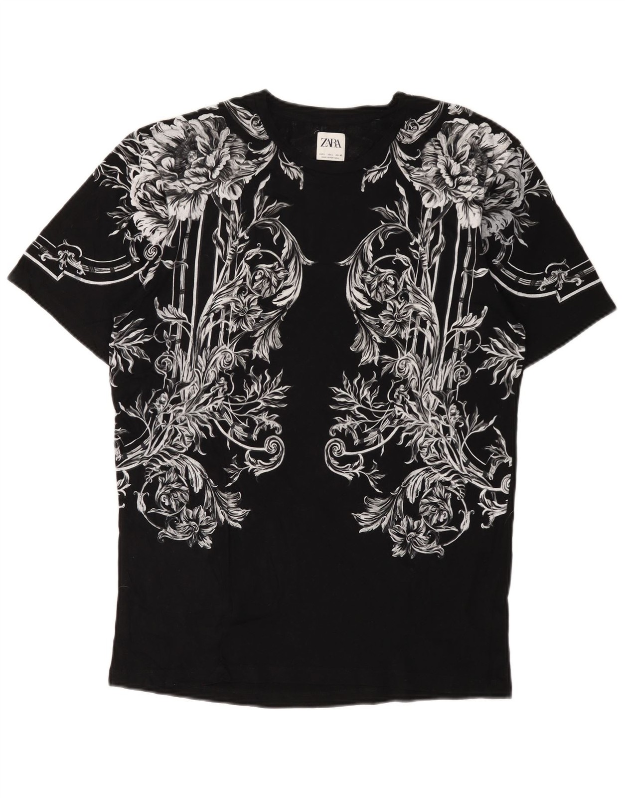 Zara Mens Graphic T-Shirt Top Large Black Floral BA09