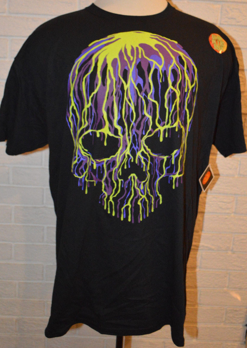 Men’s Halloween Green & Purple Melt Skull Short Sleeve Black T-Shirt Top Sz S-XL